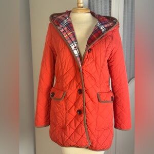 Plastic Island Classic Red Quilted Hooded Barn Jacket with Plaid Lining Size S